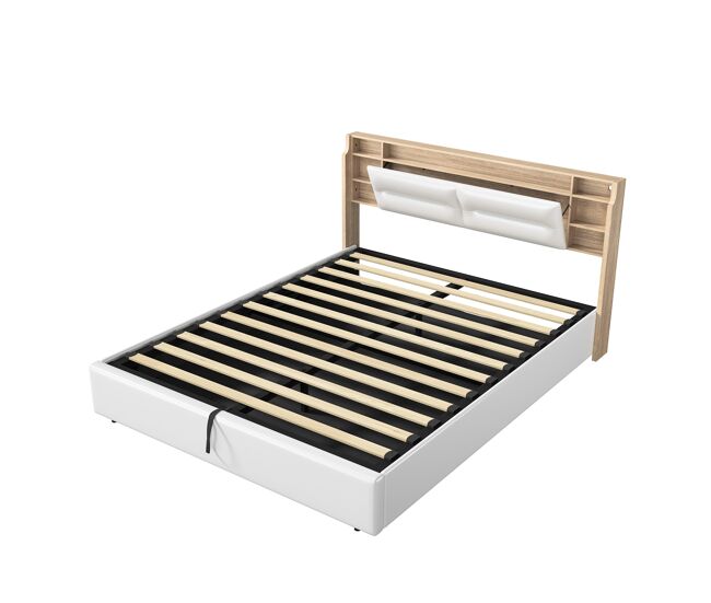 Cama tapizada de 140×200 cm con iluminación LED, compartimento de almacenamiento y piel sintética – Funcional, blanca