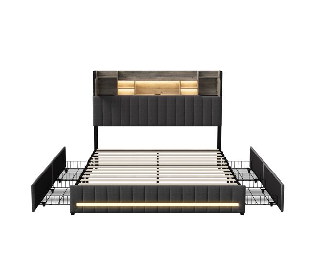 Cama doble de 140x190 cm - con 4 cajones - carga USB - iluminación LED - mesitas de noche con almacenamiento - separadores abiertos - somier de láminas - Gris
