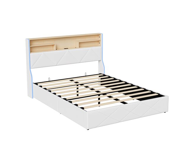 Cama: almacenamiento base y cabecero, LED RGB, puertos USB/Tipo-C 163x216