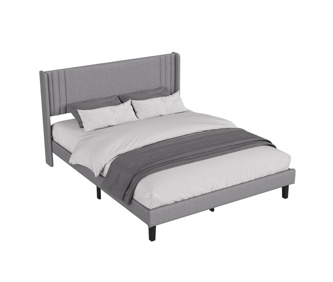 Cama de 160x200 cm, color gris lino - Cabecero tapizado moderno - Estructura de listones resistente - Capacidad de peso de 363 kg - Montaje rápido