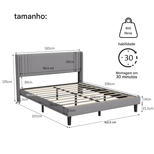 Cama 160x200 cm - linho cinza - cabeceira capitonê moderna - estrado de ripas robusto - capacidade 800 lbs - montagem rápida Cama 160x200 cm - linho cinza - cabeceira capitonê moderna - estrado de ripas robusto - capacidade 800 lbs - montagem rápida