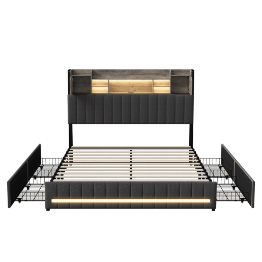 Cama de casal 140x200 cm - com 4 gavetas - carregamento USB - iluminação LED - mesas de cabeceira com arrumação - Cinzento