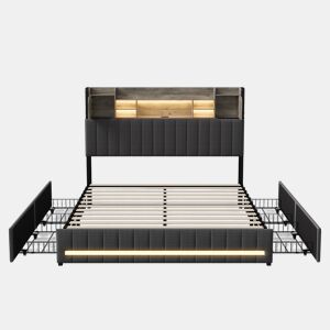 Cama de casal 140x200 cm - com 4 gavetas - carregamento USB - iluminação LED - mesas de cabeceira com arrumação - Cinzento