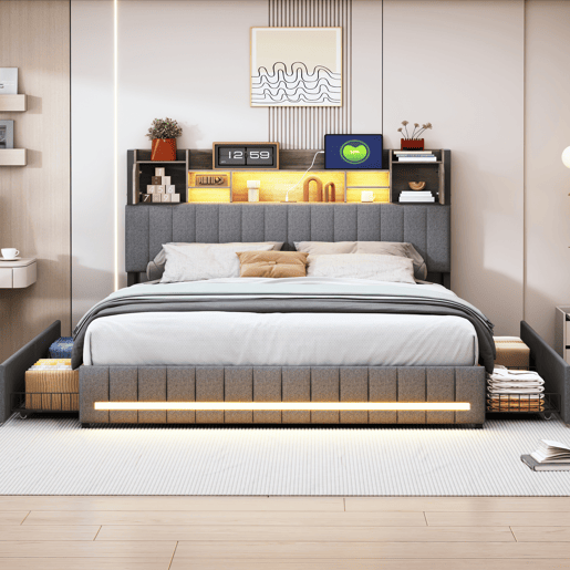 Cama de casal 140x200 cm - com 4 gavetas - carregamento USB - iluminação LED - mesas de cabeceira com arrumação - Cinzento