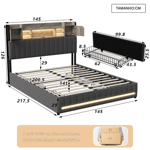 Cama de casal 140x200 cm - com 4 gavetas - carregamento USB - iluminação LED - mesas de cabeceira com arrumação - Cinzento