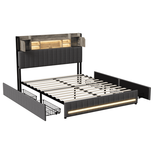 Cama de casal 140x200 cm - com 4 gavetas - carregamento USB - iluminação LED - mesas de cabeceira com arrumação - Cinzento