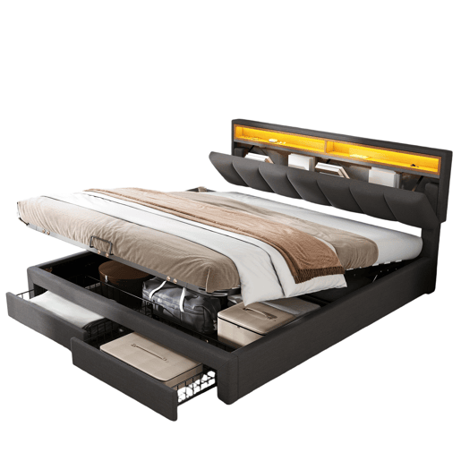 Cama basculante hidráulica 160x200 cm em tecido de linho cinza com LED integrados, cabeceira retrátil, gavetas e compartimentos de armazenamento