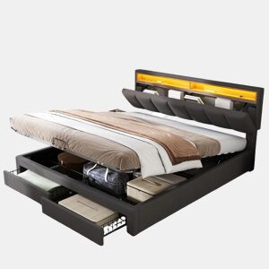 Cama basculante hidráulica 160x200 cm em tecido de linho cinza com LED integrados, cabeceira retrátil, gavetas e compartimentos de armazenamento