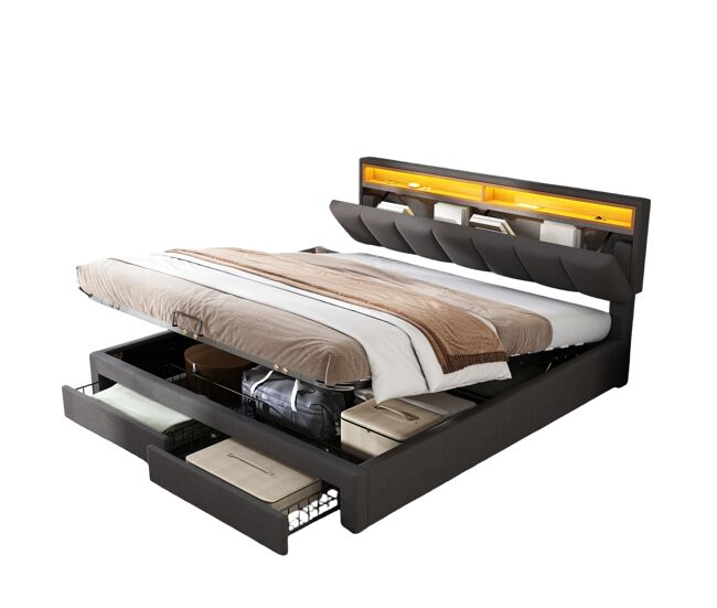 Cama basculante hidráulica 160x200 cm en tejido de lino gris con LED integrados, cabecero escamoteable, cajones y compartimentos de almacenaje