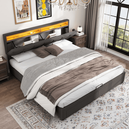Cama basculante hidráulica 160x200 cm em tecido de linho cinza com LED integrados, cabeceira retrátil, gavetas e compartimentos de armazenamento