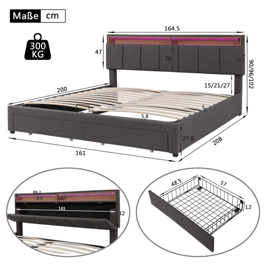 Cama basculante hidráulica 160x200 cm em tecido de linho cinza com LED integrados, cabeceira retrátil, gavetas e compartimentos de armazenamento