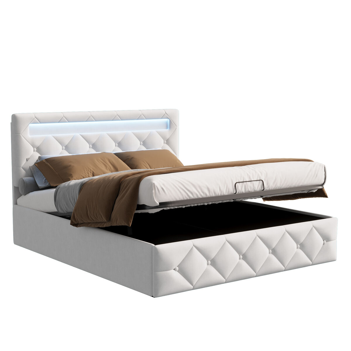 Cama de 160x200 cm con iluminación led, somier de láminas y amplio compartimento de almacenamiento – beige