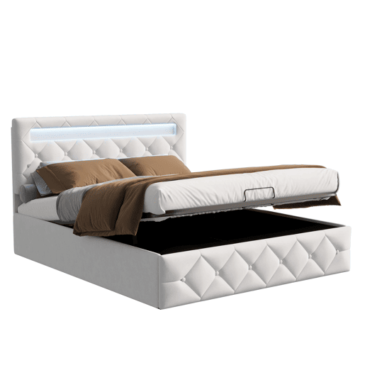Cama 160x200 cm - LED - estrado de ripas - grande arrumação - bege Cama 160x200 cm - LED - estrado de ripas - grande arrumação - bege