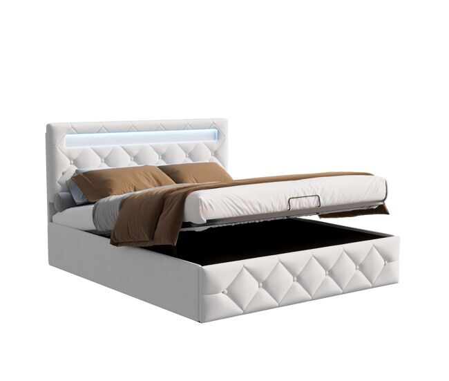 Cama de 160x200 cm con iluminación led, somier de láminas y amplio compartimento de almacenamiento – beige