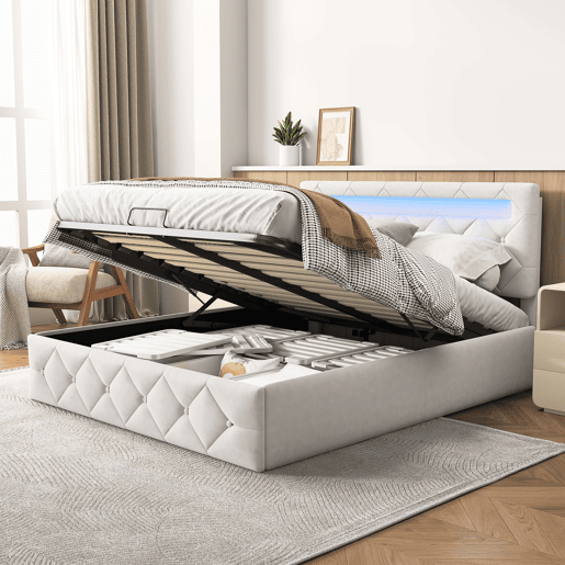 Cama 160x200 cm - LED - estrado de ripas - grande arrumação - bege Cama 160x200 cm - LED - estrado de ripas - grande arrumação - bege