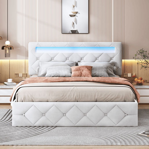 Cama 160x200 cm - LED - estrado de ripas - grande arrumação - bege Cama 160x200 cm - LED - estrado de ripas - grande arrumação - bege