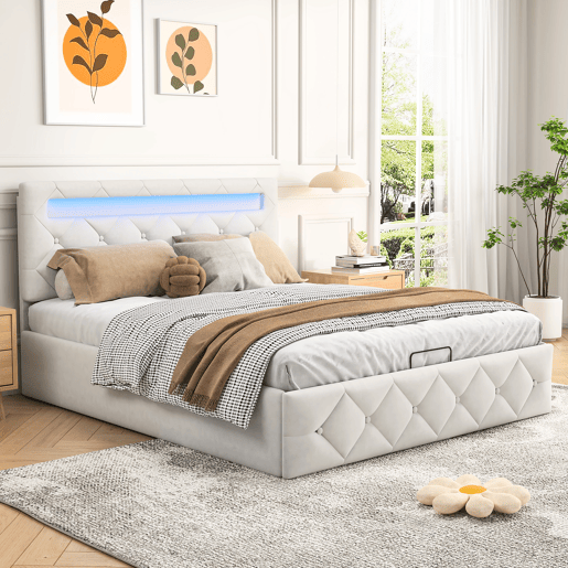 Cama 160x200 cm - LED - estrado de ripas - grande arrumação - bege Cama 160x200 cm - LED - estrado de ripas - grande arrumação - bege