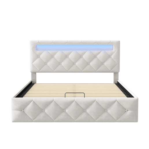Cama 160x200 cm - LED - estrado de ripas - grande arrumação - bege Cama 160x200 cm - LED - estrado de ripas - grande arrumação - bege