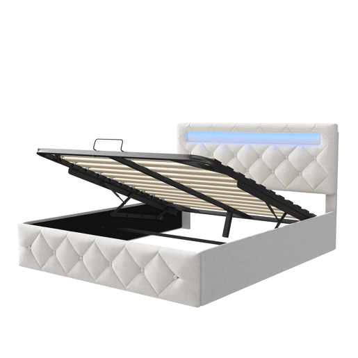 Cama 160x200 cm - LED - estrado de ripas - grande arrumação - bege Cama 160x200 cm - LED - estrado de ripas - grande arrumação - bege
