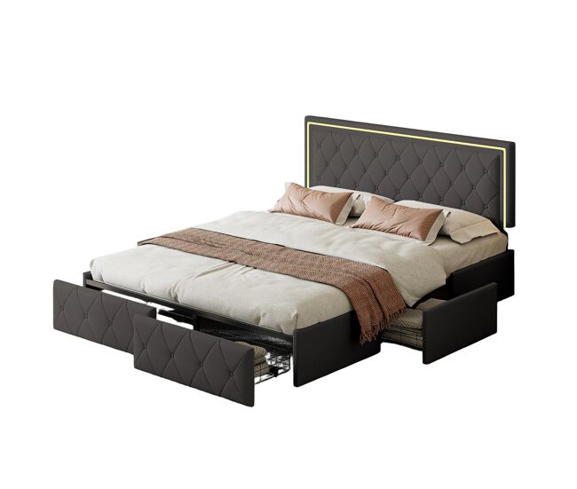 Cama doble tapizada con 4 cajones e iluminación LED 145x208