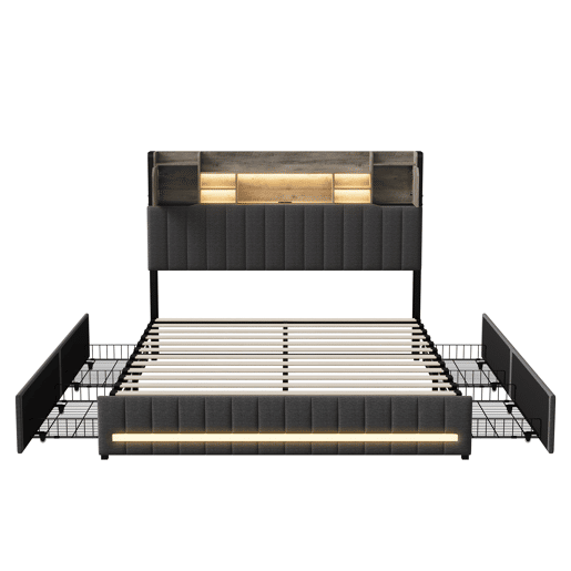 Cama de casal 160x200 cm - com 4 gavetas - carregamento USB - iluminação LED - mesas de cabeceira com arrumação - Cinzento Cama de casal 160x200 cm - com 4 gavetas - carregamento USB - iluminação LED - mesas de cabeceira com arrumação - Cinzento