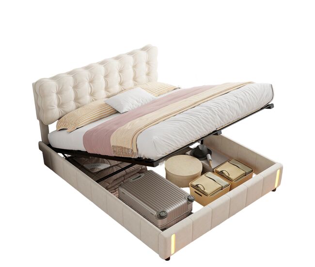 Cama de almacenamiento de terciopelo beige de 160x200 cm con iluminación LED y espacio de almacenamiento – Base de cama de láminas