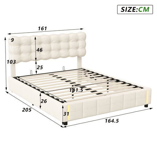 Cama com baú 160x200 cm - veludo bege - LED - arrumação - estrado de ripas