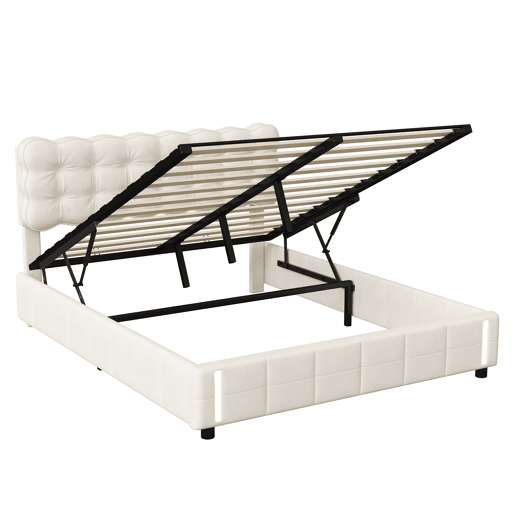 Cama com baú 160x200 cm - veludo bege - LED - arrumação - estrado de ripas