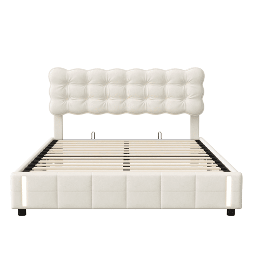 Cama com baú 160x200 cm - veludo bege - LED - arrumação - estrado de ripas