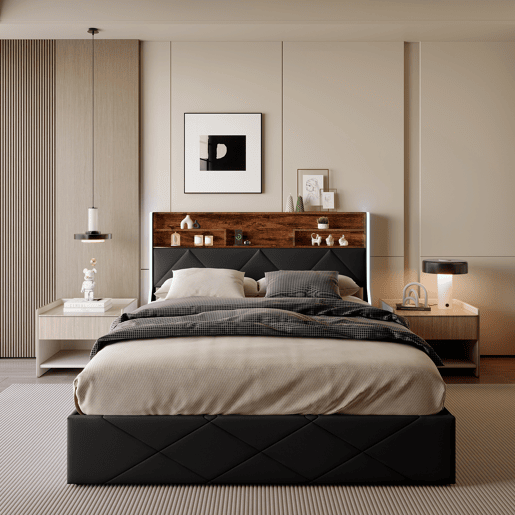 Cama com baú 160x200 cm - cabeceira, arrumação, portas USBType-C e LED RGB - PU preto & carvalho claro - moderna Cama com baú 160x200 cm - cabeceira, arrumação, portas USBType-C e LED RGB - PU preto & carvalho claro - moderna