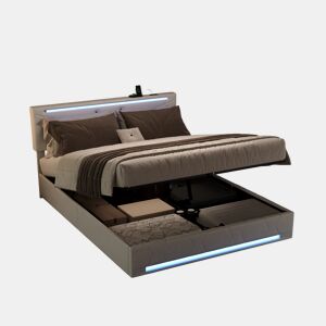 Cama com baú 160x200 cm - LED RGB - portas USB-CUSB - cabeceira ajustável - tecido bege - grande capacidade de arrumação
