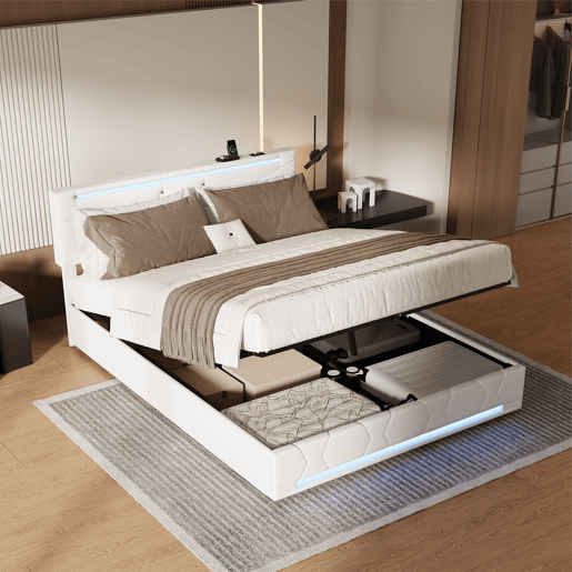 Cama com baú 160x200 cm - LED RGB - portas USB-CUSB - cabeceira ajustável - tecido bege - grande capacidade de arrumação