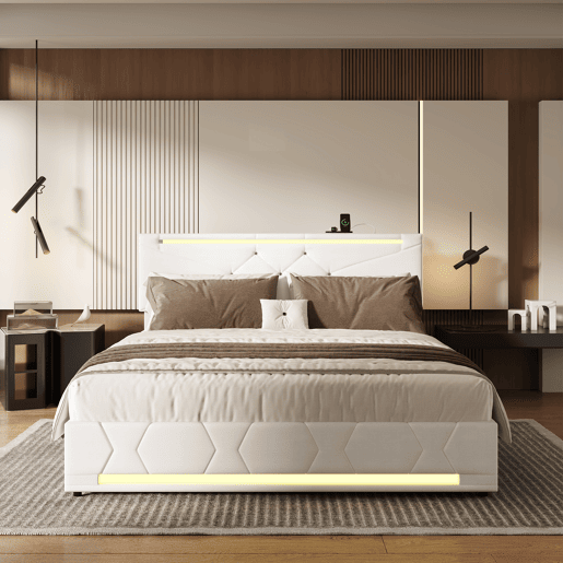 Cama com baú 160x200 cm - LED RGB - portas USB-CUSB - cabeceira ajustável - tecido bege - grande capacidade de arrumação
