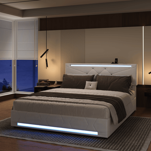 Cama com baú 160x200 cm - LED RGB - portas USB-CUSB - cabeceira ajustável - tecido bege - grande capacidade de arrumação