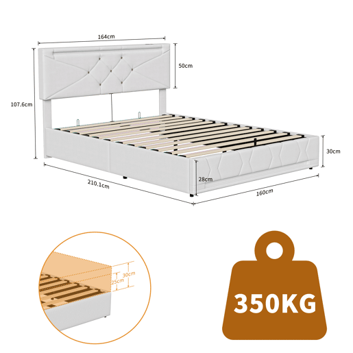 Cama com baú 160x200 cm - LED RGB - portas USB-CUSB - cabeceira ajustável - tecido bege - grande capacidade de arrumação