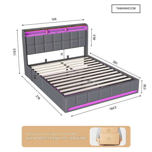 Cama 160x200 cm - LED - baú hidráulico - estrado de ripas - carregamento USB e Type-C - linho - cinza Cama 160x200 cm - LED - baú hidráulico - estrado de ripas - carregamento USB e Type-C - linho - cinza