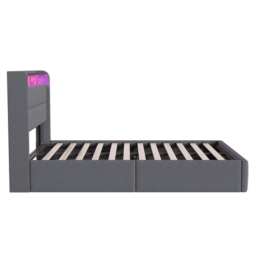 Cama 160x200 cm - LED - baú hidráulico - estrado de ripas - carregamento USB e Type-C - linho - cinza Cama 160x200 cm - LED - baú hidráulico - estrado de ripas - carregamento USB e Type-C - linho - cinza