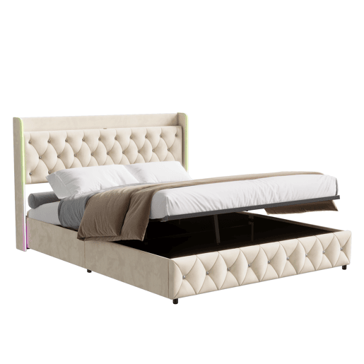 Cama estofada 160x200cm com LED e USB, estrado de ripas hidráulico, espaço de arrumação e estrutura metálica, roupa de cama para cama de casal juvenil Bege