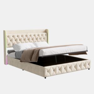 Cama estofada 160x200cm com LED e USB, estrado de ripas hidráulico, espaço de arrumação e estrutura metálica, roupa de cama para cama de casal juvenil Bege