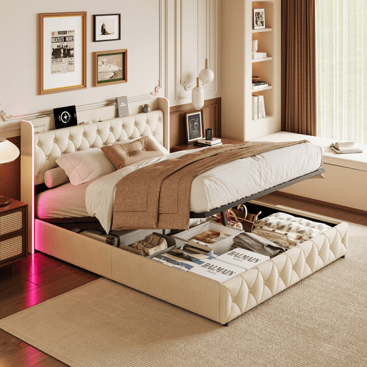 Cama estofada 160x200cm com LED e USB, estrado de ripas hidráulico, espaço de arrumação e estrutura metálica, roupa de cama para cama de casal juvenil Bege