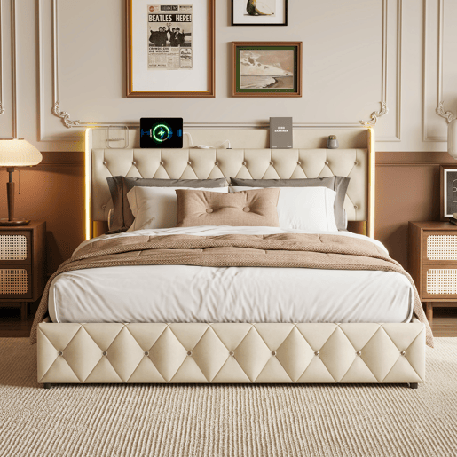 Cama estofada 160x200cm com LED e USB, estrado de ripas hidráulico, espaço de arrumação e estrutura metálica, roupa de cama para cama de casal juvenil Bege