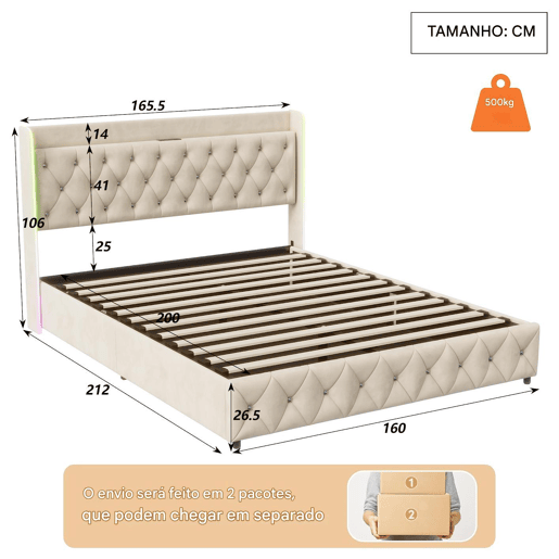 Cama estofada 160x200cm com LED e USB, estrado de ripas hidráulico, espaço de arrumação e estrutura metálica, roupa de cama para cama de casal juvenil Bege