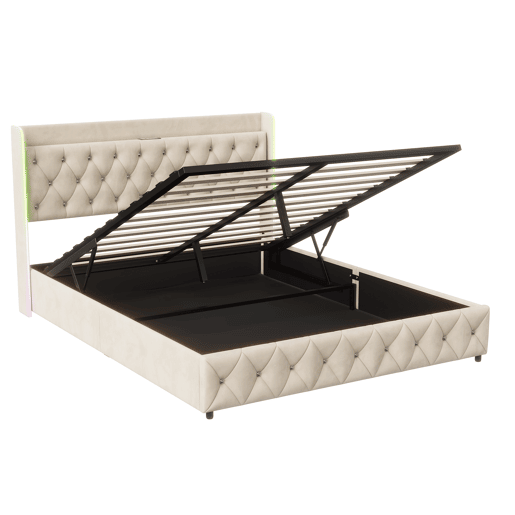 Cama estofada 160x200cm com LED e USB, estrado de ripas hidráulico, espaço de arrumação e estrutura metálica, roupa de cama para cama de casal juvenil Bege