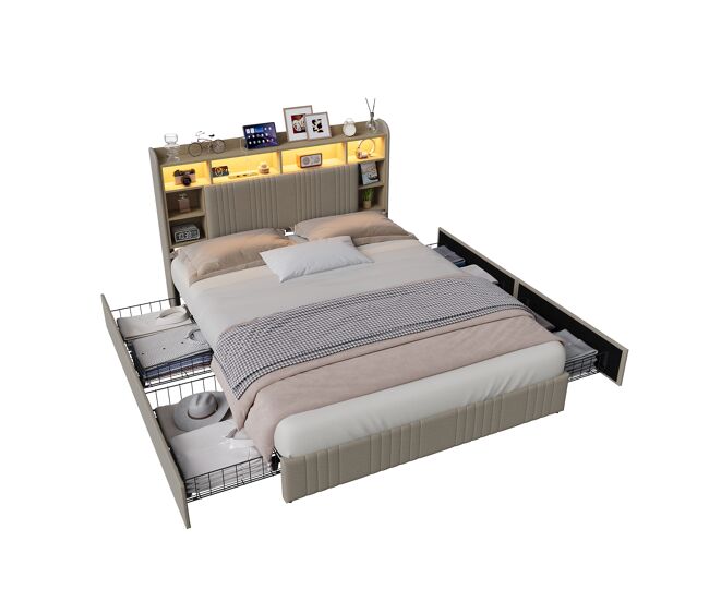 Cama de 140x200 cm con 4 cajones, carga usb y tipo c, iluminación led, mesitas de noche con almacenamiento, separadores abiertos y somier de láminas.