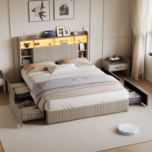Cama 140x200 cm - 4 gavetas - carregamento USB e Type-C - LED - mesas de cabeceira com arrumação - divisórias abertas - estrado de ripas - bege Cama 140x200 cm - 4 gavetas - carregamento USB e Type-C - LED - mesas de cabeceira com arrumação - divisórias abertas - estrado de ripas - bege