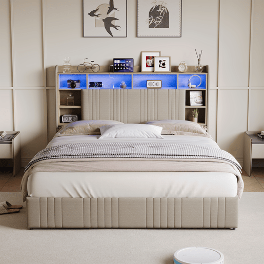 Cama 140x200 cm - 4 gavetas - carregamento USB e Type-C - LED - mesas de cabeceira com arrumação - divisórias abertas - estrado de ripas - bege Cama 140x200 cm - 4 gavetas - carregamento USB e Type-C - LED - mesas de cabeceira com arrumação - divisórias abertas - estrado de ripas - bege