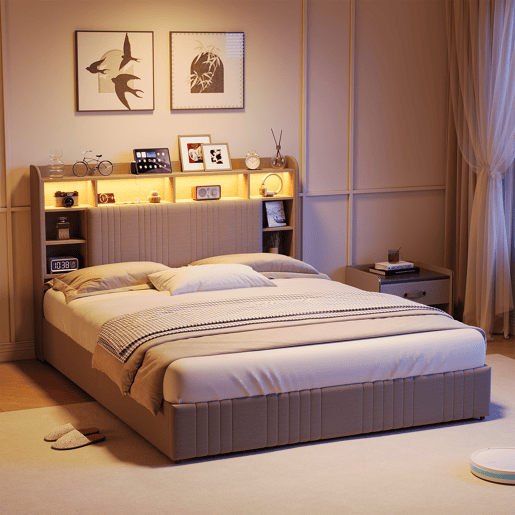 Cama 140x200 cm - 4 gavetas - carregamento USB e Type-C - LED - mesas de cabeceira com arrumação - divisórias abertas - estrado de ripas - bege Cama 140x200 cm - 4 gavetas - carregamento USB e Type-C - LED - mesas de cabeceira com arrumação - divisórias abertas - estrado de ripas - bege
