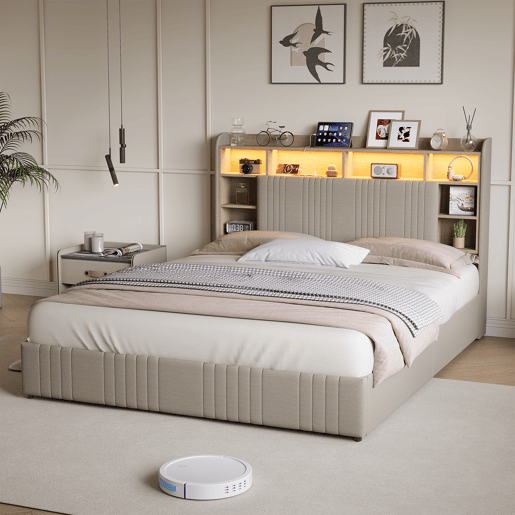 Cama 140x200 cm - 4 gavetas - carregamento USB e Type-C - LED - mesas de cabeceira com arrumação - divisórias abertas - estrado de ripas - bege Cama 140x200 cm - 4 gavetas - carregamento USB e Type-C - LED - mesas de cabeceira com arrumação - divisórias abertas - estrado de ripas - bege