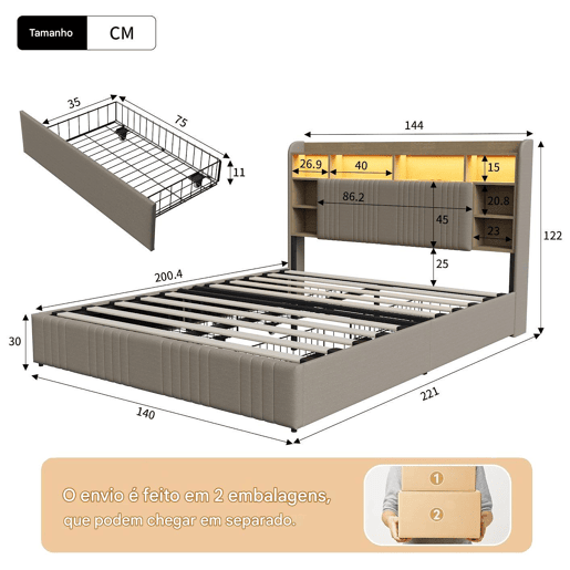 Cama 140x200 cm - 4 gavetas - carregamento USB e Type-C - LED - mesas de cabeceira com arrumação - divisórias abertas - estrado de ripas - bege Cama 140x200 cm - 4 gavetas - carregamento USB e Type-C - LED - mesas de cabeceira com arrumação - divisórias abertas - estrado de ripas - bege