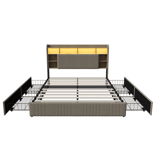 Cama 140x200 cm - 4 gavetas - carregamento USB e Type-C - LED - mesas de cabeceira com arrumação - divisórias abertas - estrado de ripas - bege Cama 140x200 cm - 4 gavetas - carregamento USB e Type-C - LED - mesas de cabeceira com arrumação - divisórias abertas - estrado de ripas - bege